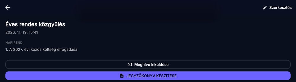 A közgyűlés adatlapja: Szerkesztés, Meghívó kiküldése, Jegyzőkönyv