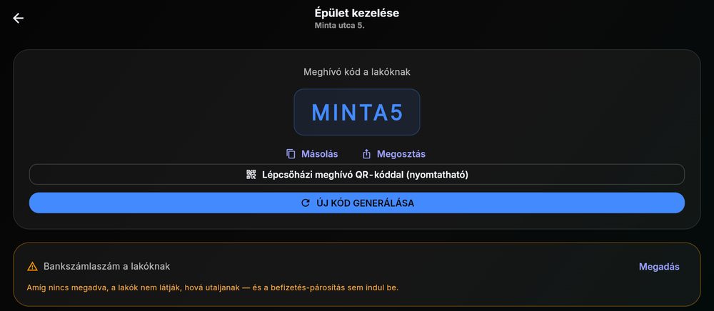 A ház adatlapja: meghívó kód és bankszámlaszám