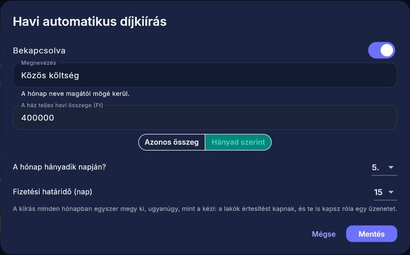 A havi automatikus díjkiírás beállítása