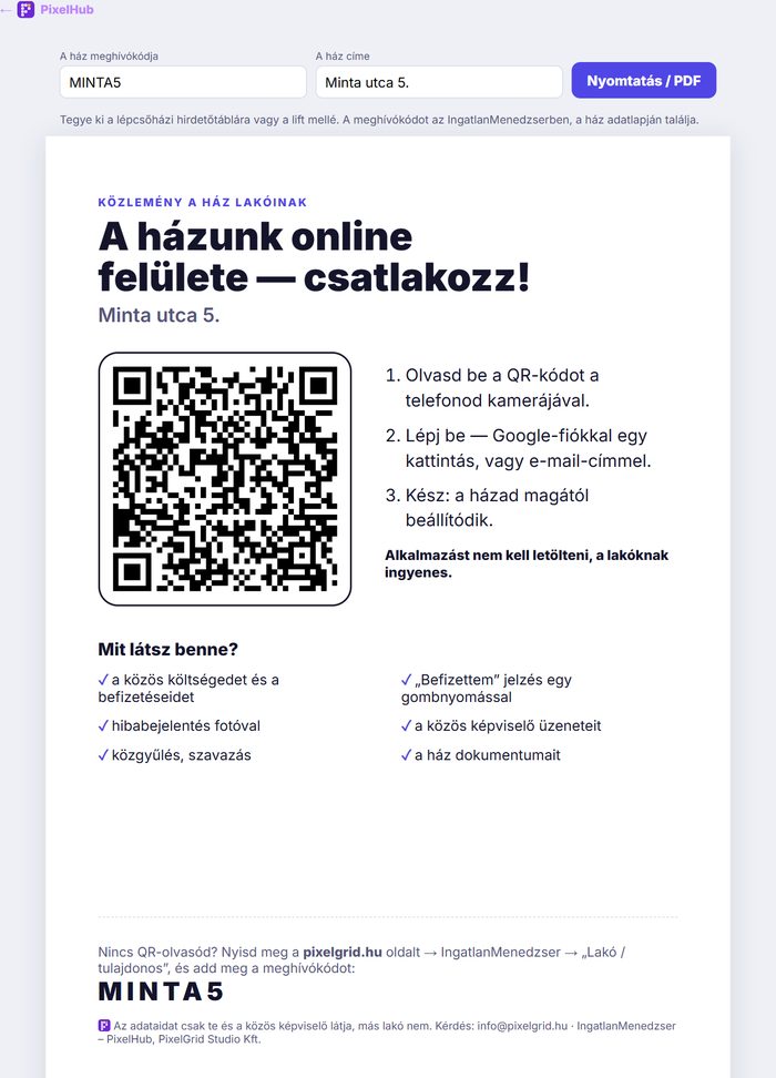 A kinyomtatható lépcsőházi meghívó QR-kóddal