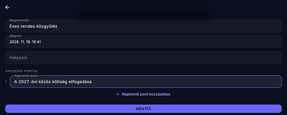Közgyűlés felvétele: megnevezés, időpont, helyszín, napirend